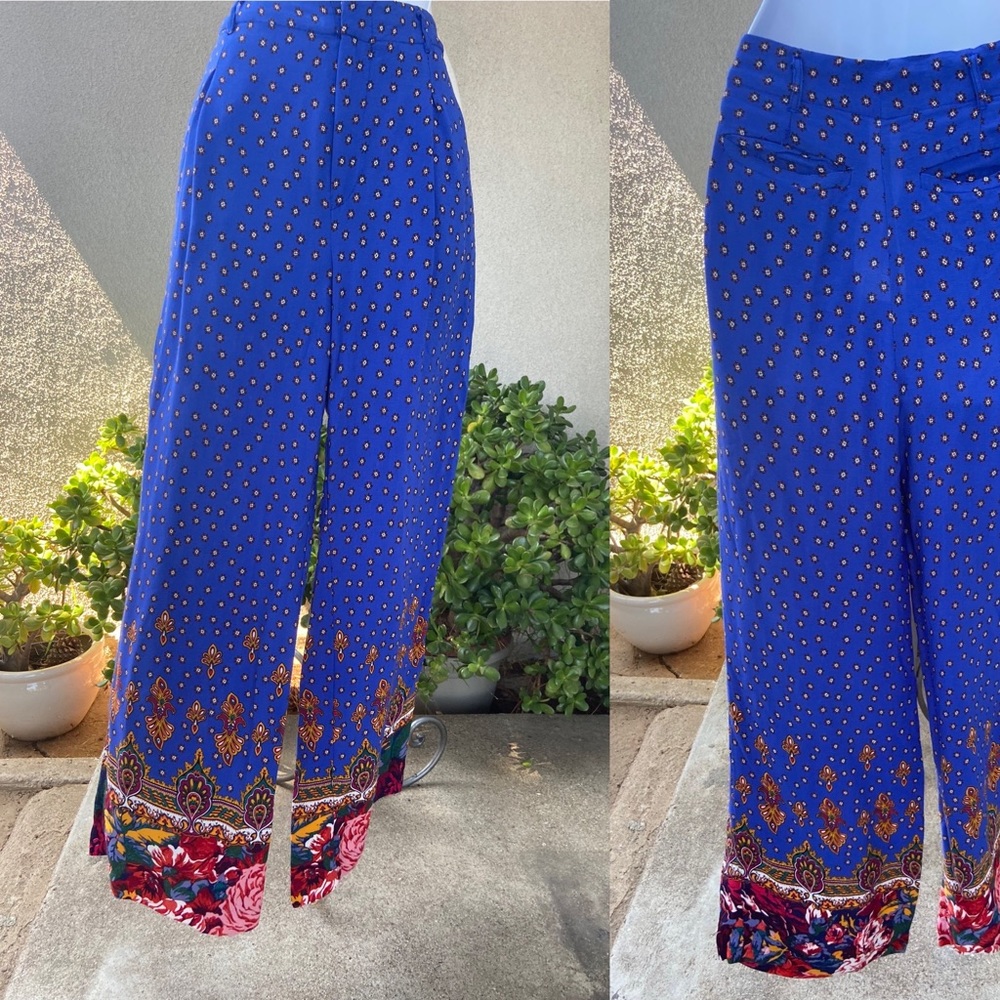 Ett twa Anthropologie boho wide leg pant blue floral high waist sz 4 pockets